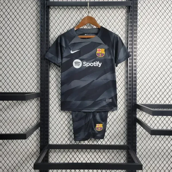 Barcelona 2023/24 Black Goalkeeper Kids Jersey And Shorts Kit