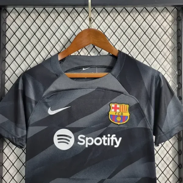 Barcelona 2023/24 Black Goalkeeper Kids Jersey And Shorts Kit