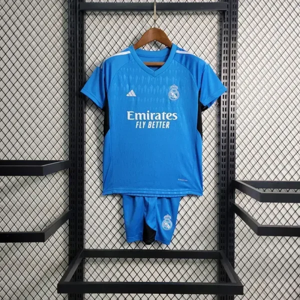 Real Madrid 2023/24 Blue Goalkeeper Kids Jersey And Shorts Kit